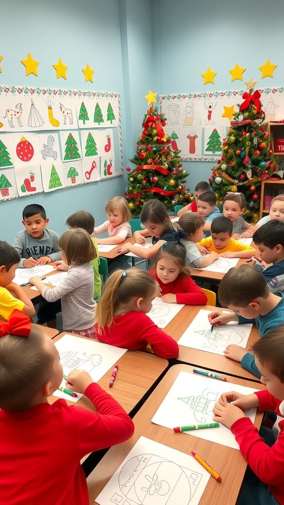 Kindergarten children drawing Christmas pictures in a festive classroom.